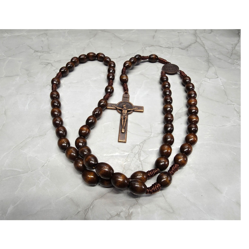 New Rosary Rosaries Brown Wooden Beads Saint Benedict Medal Crucifix Catholic